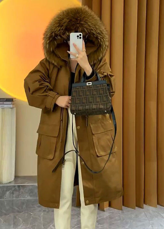 Art Caramel Raccoon Hair Collar Drawstring Pockets Womens Parka Winter