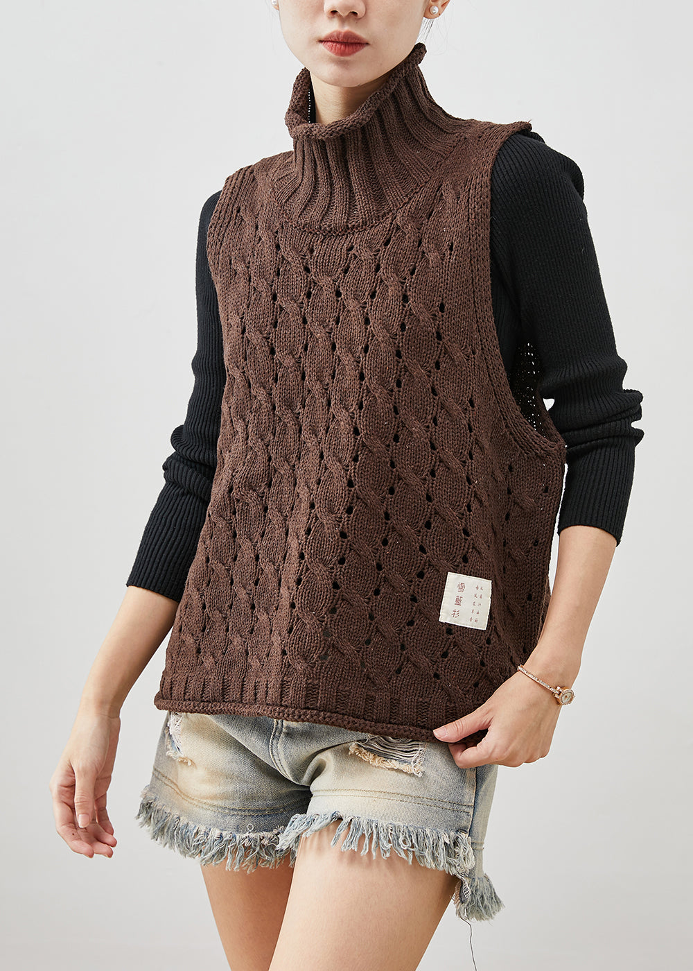 Art Chocolate Turtle Neck Hollow Out Knit Vests Spring