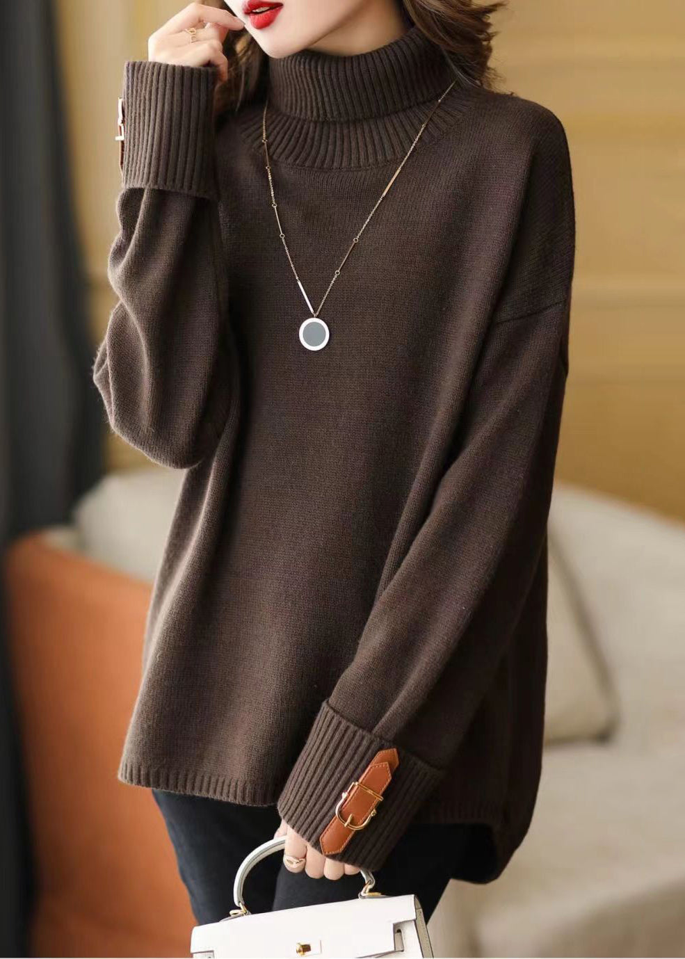 Art Chocolate Turtle Neck Low High Design Knit Sweater Winter