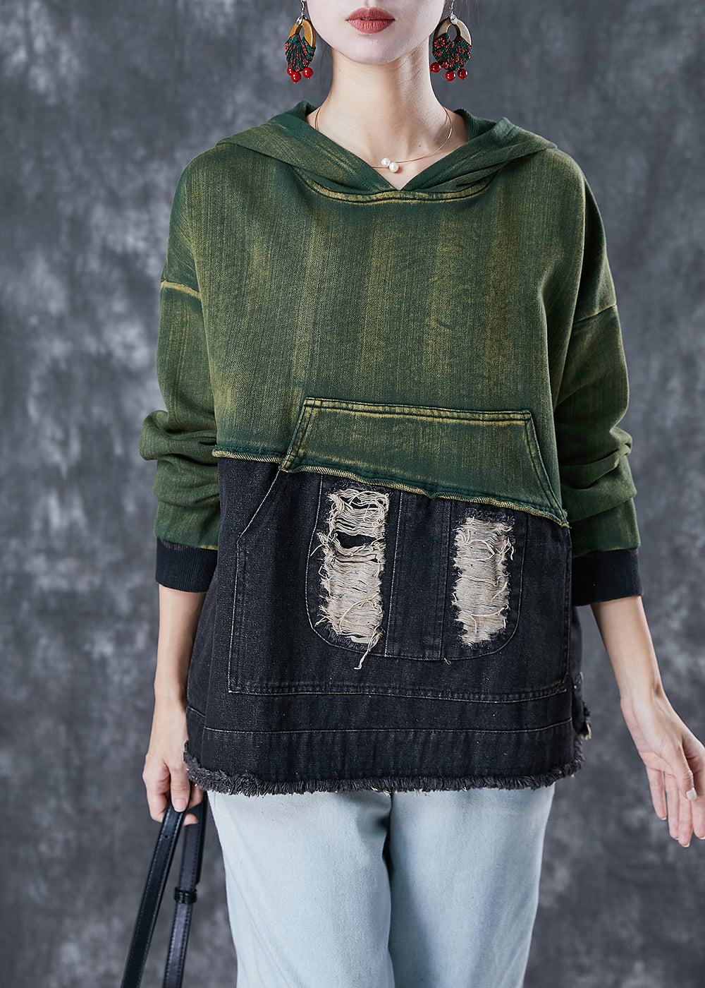 Art Colorblock Hooded Patchwork Cotton Ripped Sweatshirt Fall