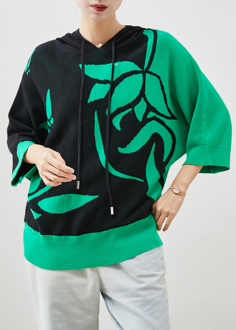 Art Colorblock Hooded Print Knit Pullover Sweatshirt Winter