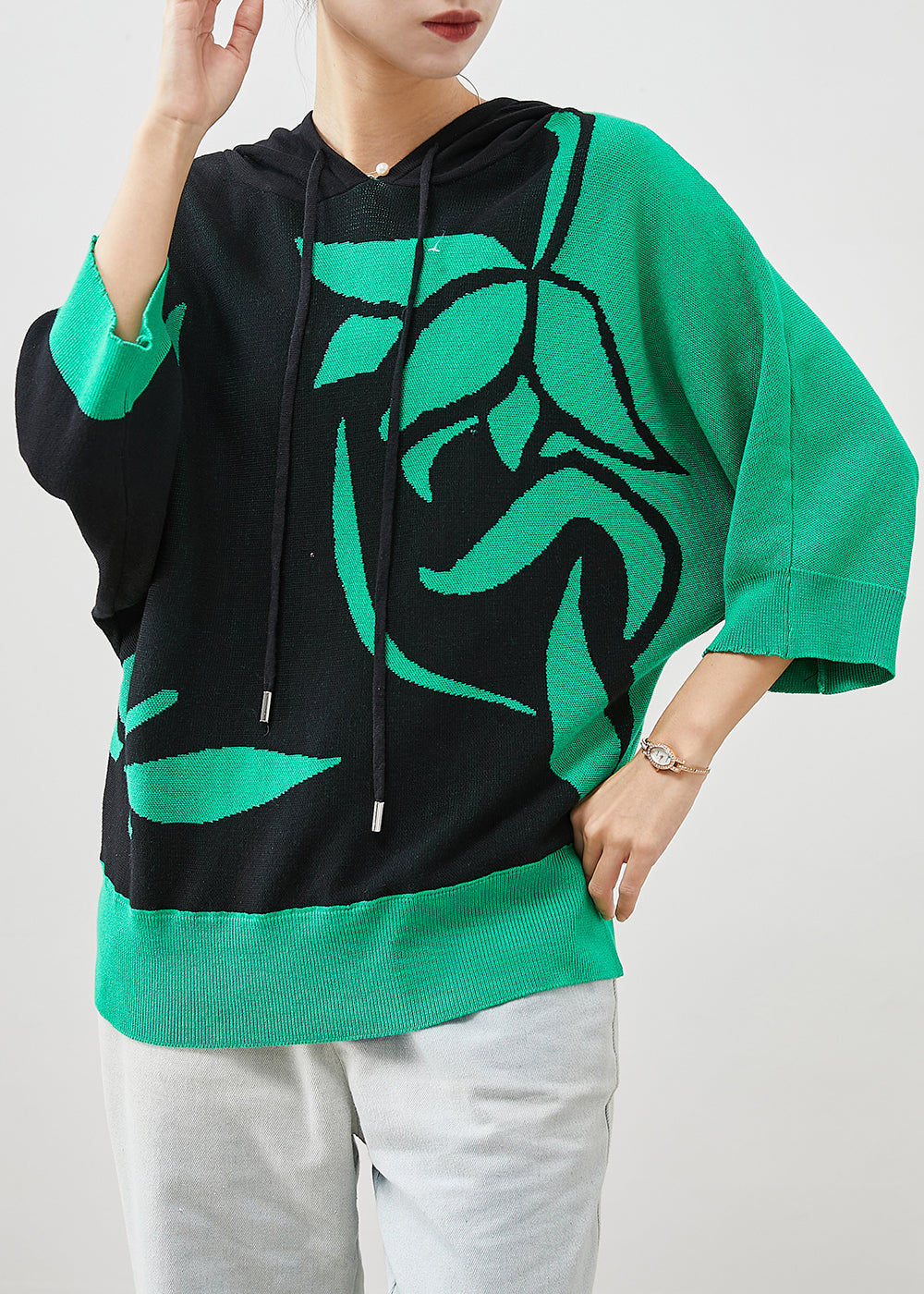 Art Colorblock Hooded Print Knit Pullover Sweatshirt Winter