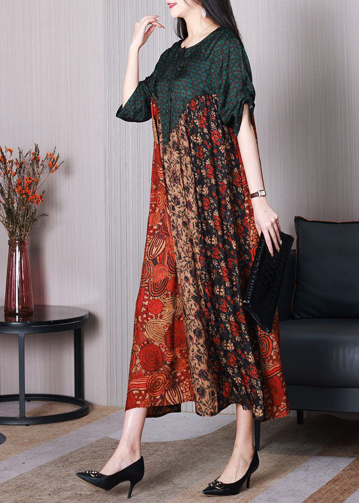 Art Colorblock O Neck Wrinkled Print Long Silk Dress Spring