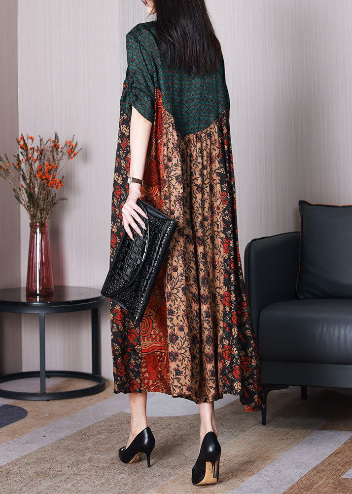 Art Colorblock O Neck Wrinkled Print Long Silk Dress Spring