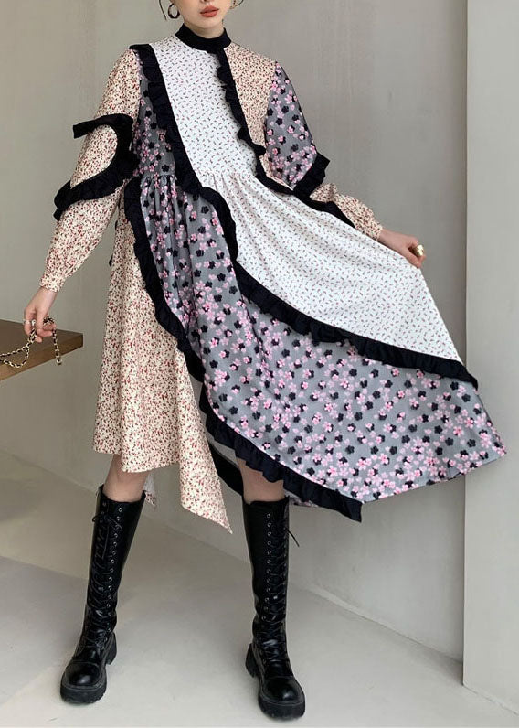 Art Colorblock Ruffled Patchwork Print Chiffon Dresses Spring