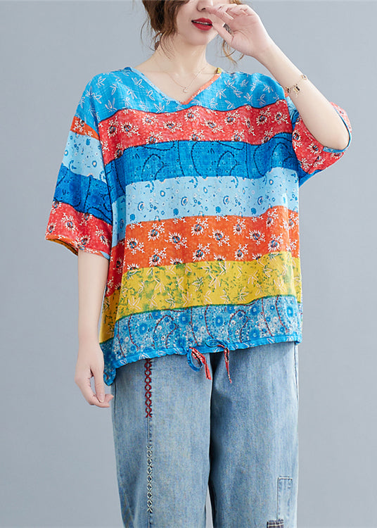 Art Colorblock V Neck drawstring Print Shirt Top Half Sleeve