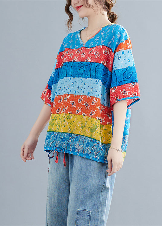 Art Colorblock V Neck drawstring Print Shirt Top Half Sleeve