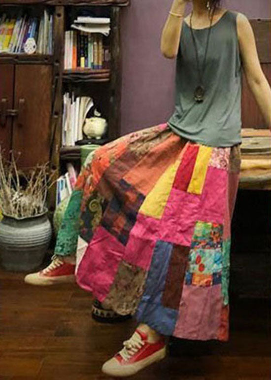 Art Colorblock Wrinkled Print Patchwork Exra Large Hem Linen Skirts Summer
