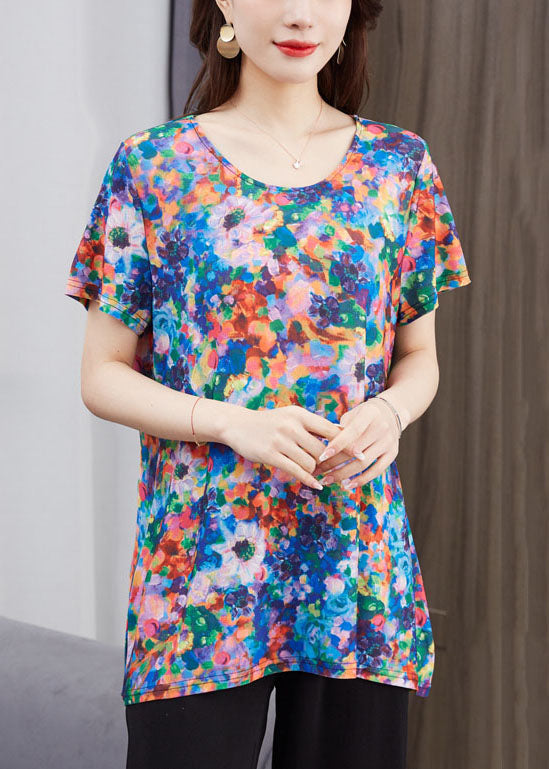 Art Floral O Neck Patchwork Cotton T Shirt Top Short Sleeve