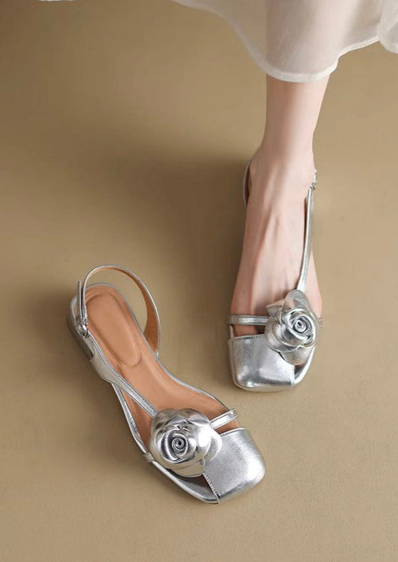 Art Floral Splicing Chunky Sandals Silver Faux Leather Buckle Strap