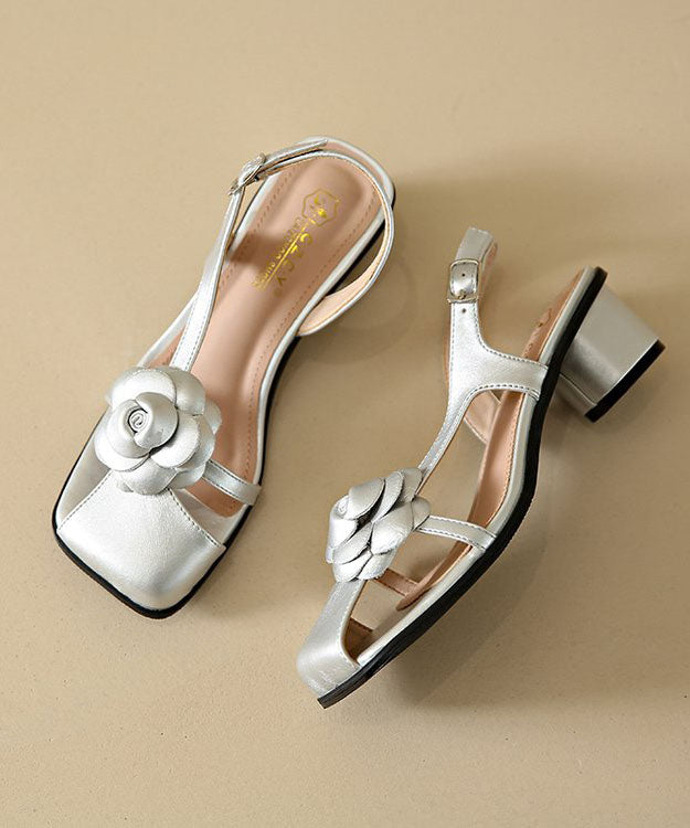 Art Floral Splicing Chunky Sandals Silver Faux Leather Buckle Strap