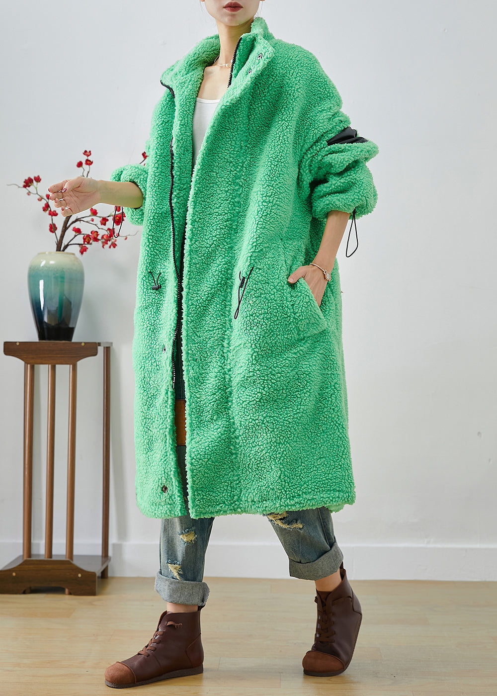 Art Fluorescent Green Oversized Drawstring Fleece Trench Winter