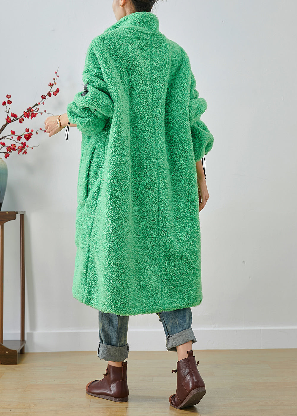 Art Fluorescent Green Oversized Drawstring Fleece Trench Winter