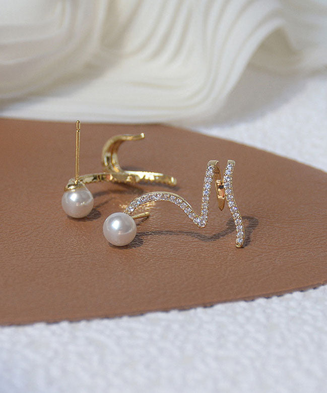 Art Gold Overgild Pearl Zircon Snake Shaped Stud Earrings