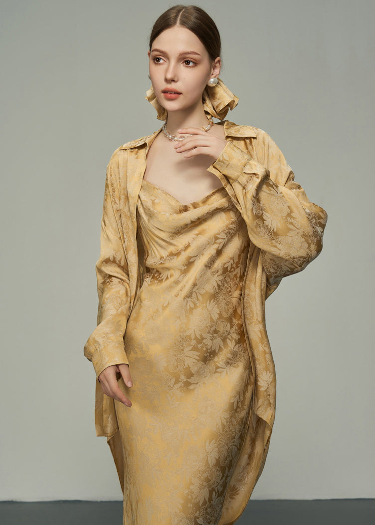 Art Gold Peter Pan Collar Jacquard Backless Lace Up Silk Shirts Fall