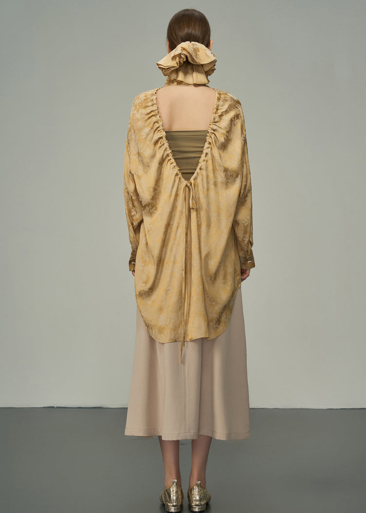 Art Gold Peter Pan Collar Jacquard Backless Lace Up Silk Shirts Fall