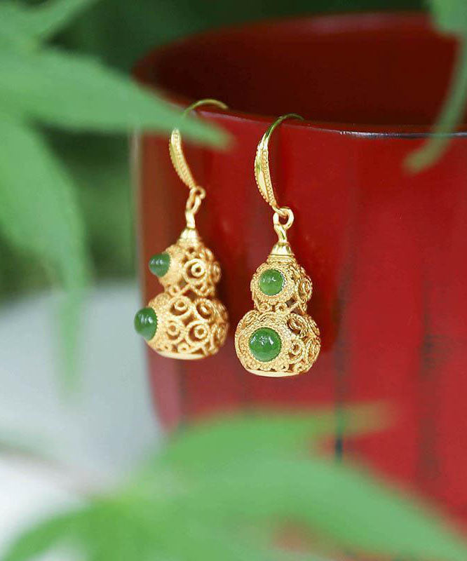 Art Gold Sterling Silver Overgild Jade Hollow Out Gourd Drop Earrings