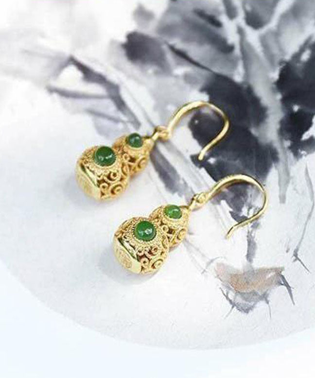 Art Gold Sterling Silver Overgild Jade Hollow Out Gourd Drop Earrings