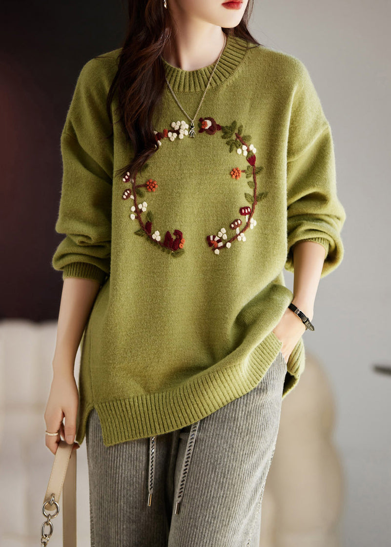 Art Grass Green Embroidered Thick Knit Sweater Tops Winter