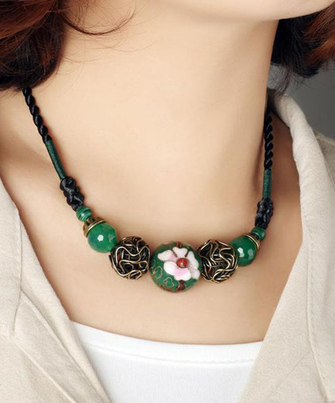 Art Green Agate Malachite Cloisonne Gratuated Bead Necklace