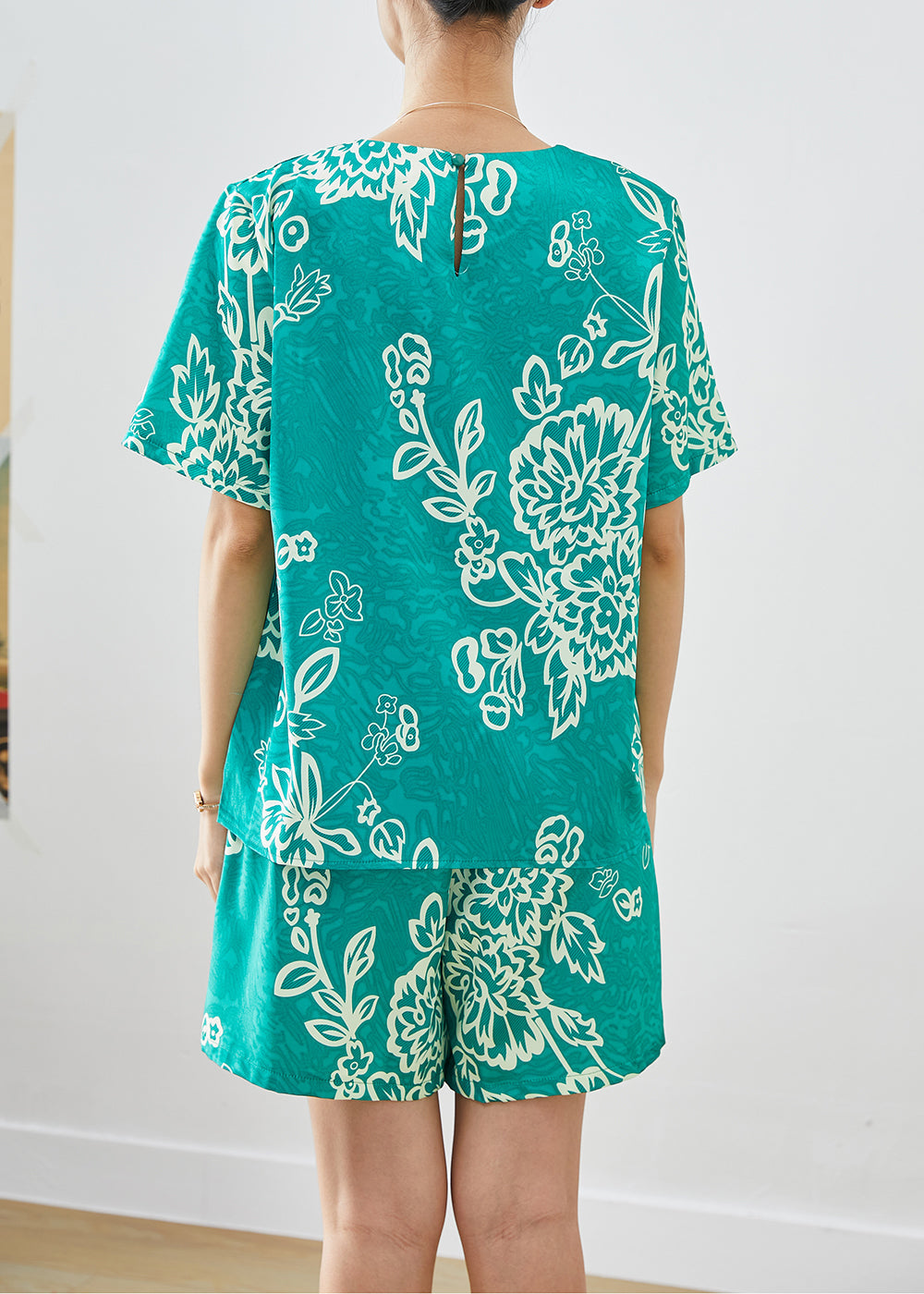 Art Green O-Neck Oversized Print Silk Two Pieces Set Summer