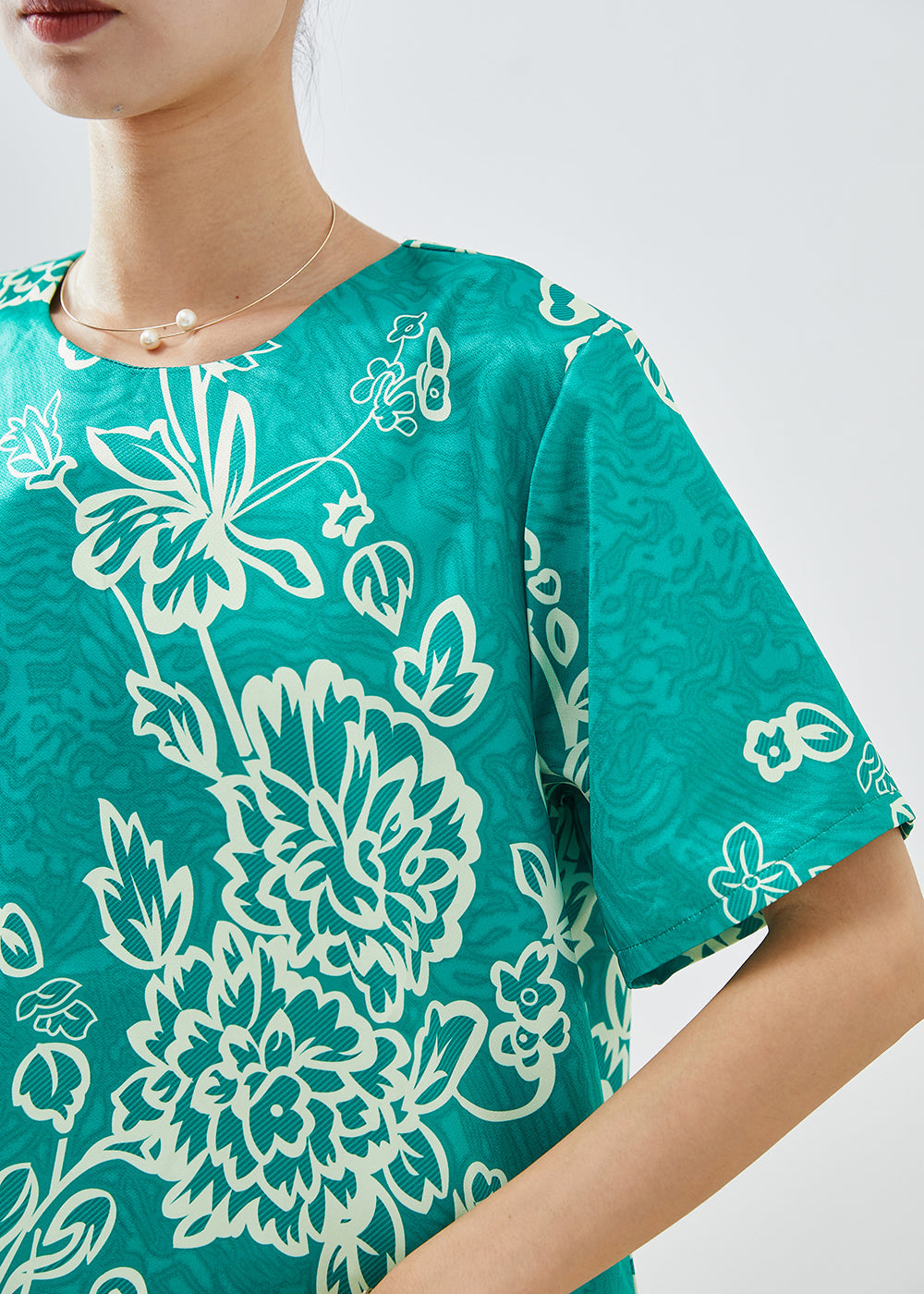 Art Green O-Neck Oversized Print Silk Two Pieces Set Summer
