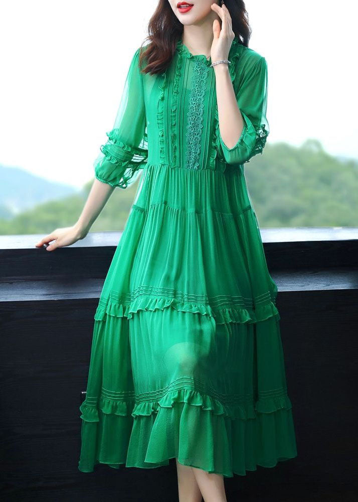 Art Green O-Neck Ruffled Patchwork Silk Two-Piece Set Dress Summer