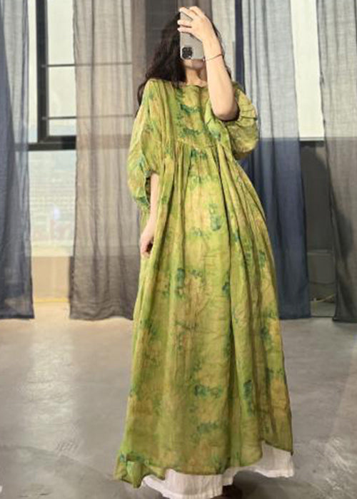 Art Green Oversized Patchwork Print Linen Long Dresses Summer