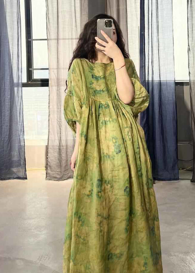 Art Green Oversized Patchwork Print Linen Long Dresses Summer