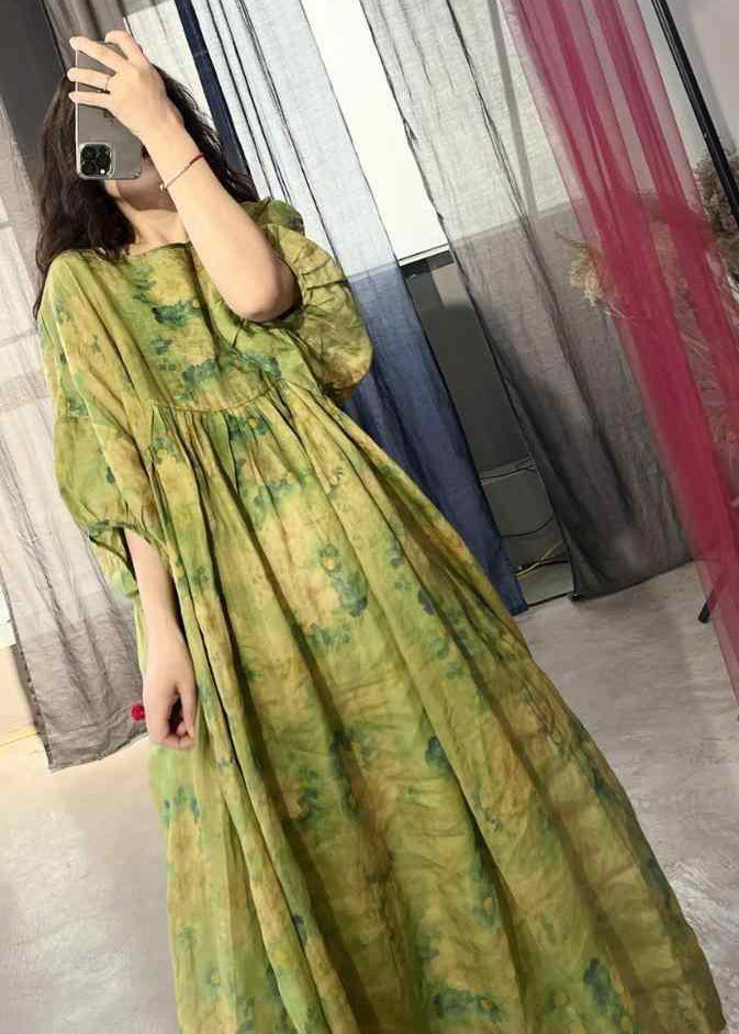 Art Green Oversized Patchwork Print Linen Long Dresses Summer