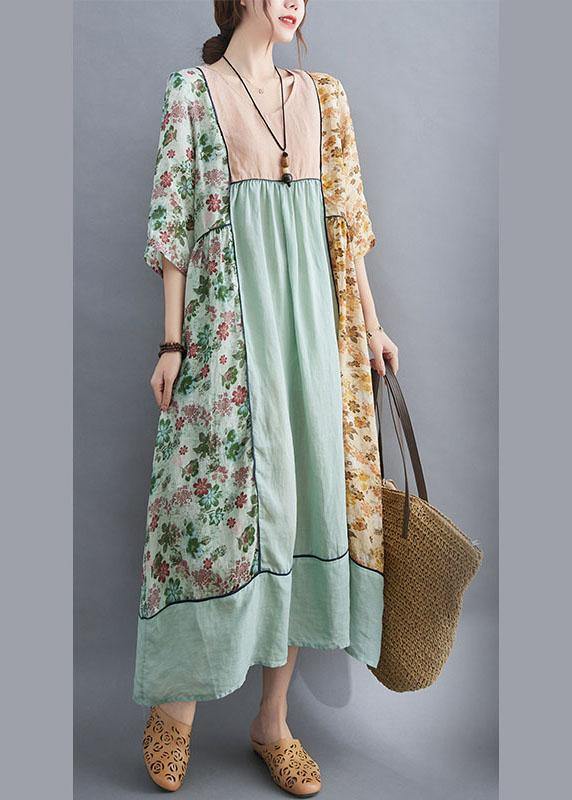 Art Green Patchwork Print Loose Fall Robe Dresses Half Sleeve - Omychic