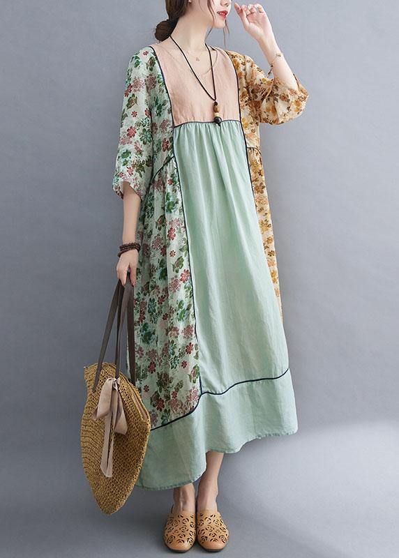 Art Green Patchwork Print Loose Fall Robe Dresses Half Sleeve - Omychic