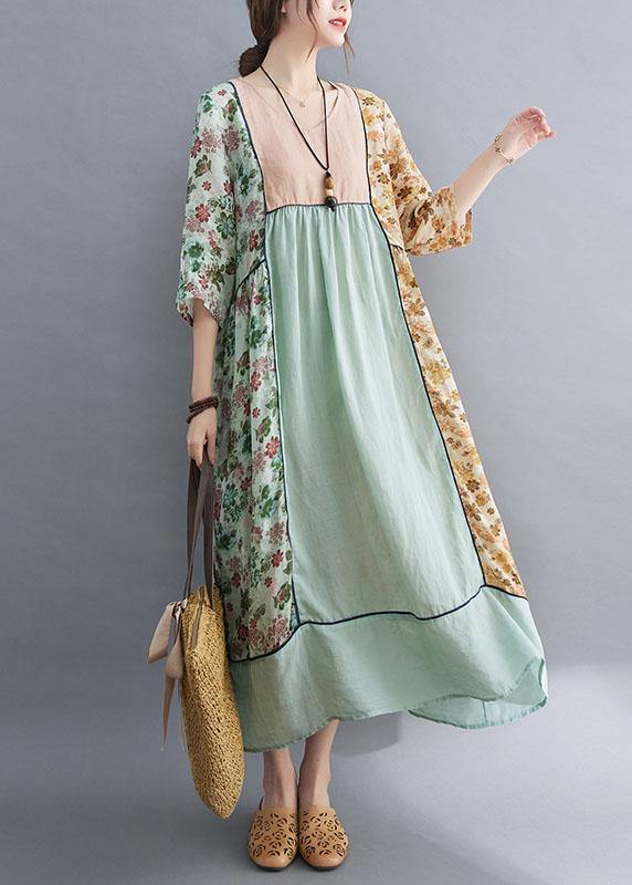 Art Green Patchwork Print Loose Fall Robe Dresses Half Sleeve - Omychic