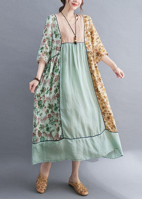 Art Green Patchwork Print Loose Fall Robe Dresses Half Sleeve - Omychic
