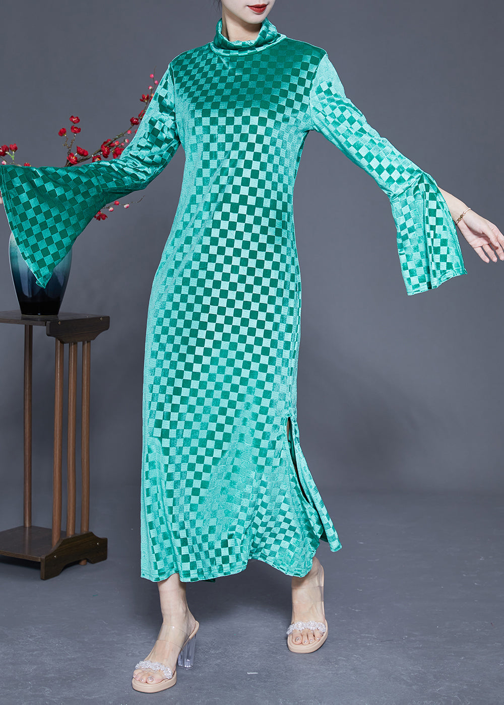 Art Green Stand Collar Plaid Side Open Silk Velour Long Dress Flare Sleeve