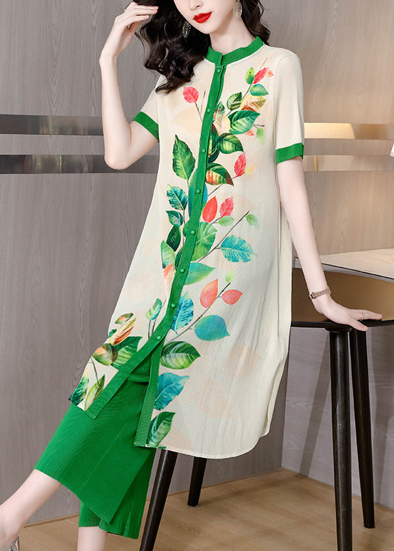 Art Green Stand Collar Print Button Long Shirts And Wide Leg Pants Two Pieces Set Short Sleeve