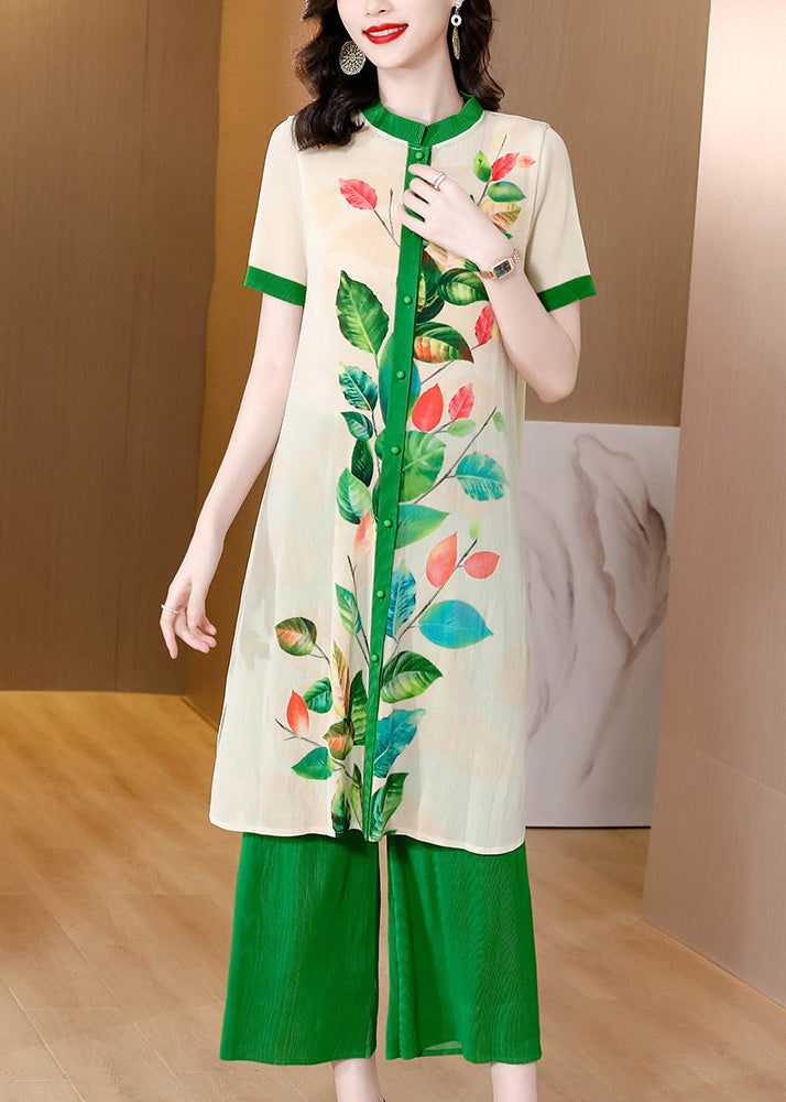 Art Green Stand Collar Print Button Long Shirts And Wide Leg Pants Two Pieces Set Short Sleeve