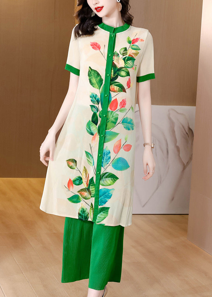 Art Green Stand Collar Print Button Long Shirts And Wide Leg Pants Two Pieces Set Short Sleeve