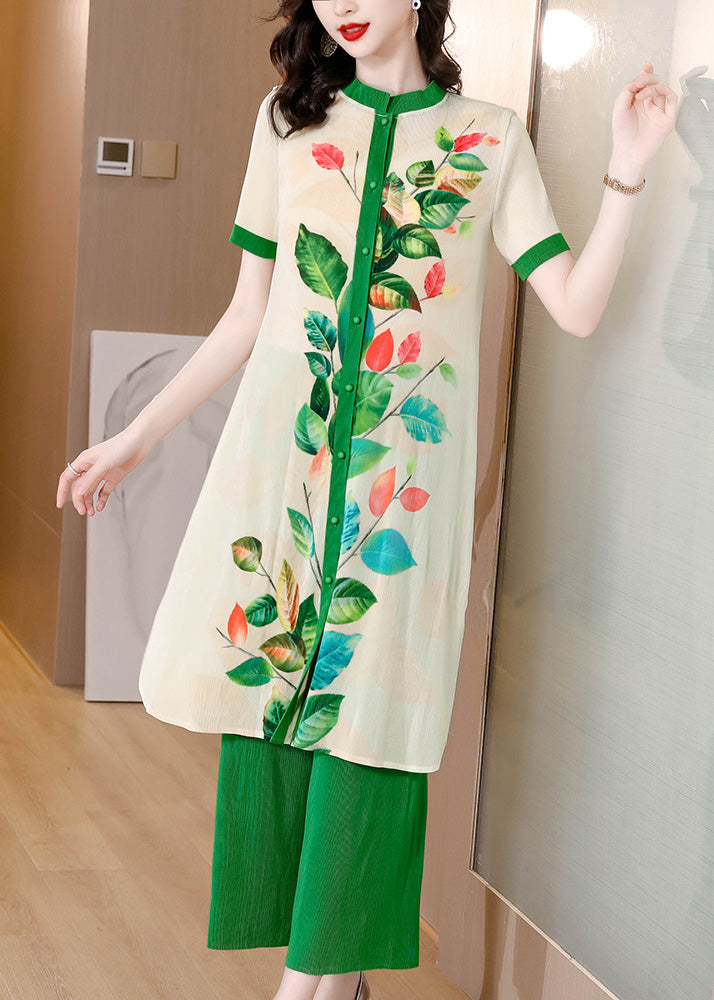 Art Green Stand Collar Print Button Long Shirts And Wide Leg Pants Two Pieces Set Short Sleeve