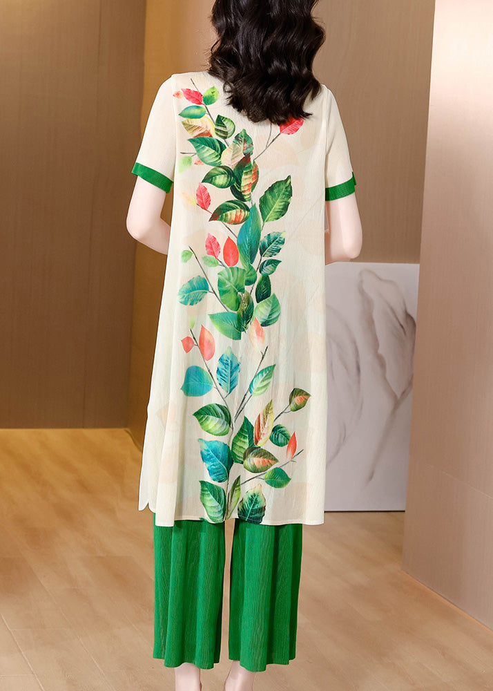 Art Green Stand Collar Print Button Long Shirts And Wide Leg Pants Two Pieces Set Short Sleeve