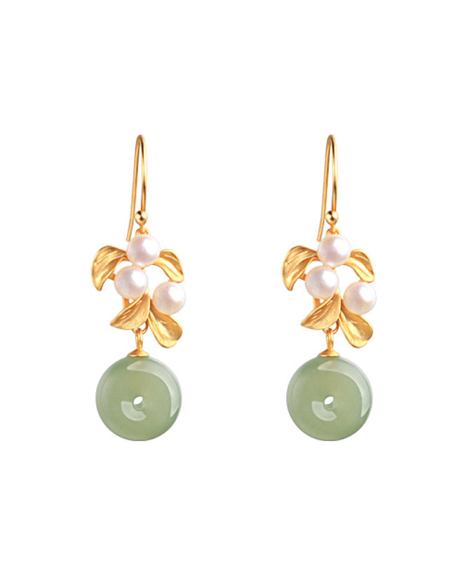 Art Green Sterling Silver Inlaid Jade Pearl Leaf Drop Earrings