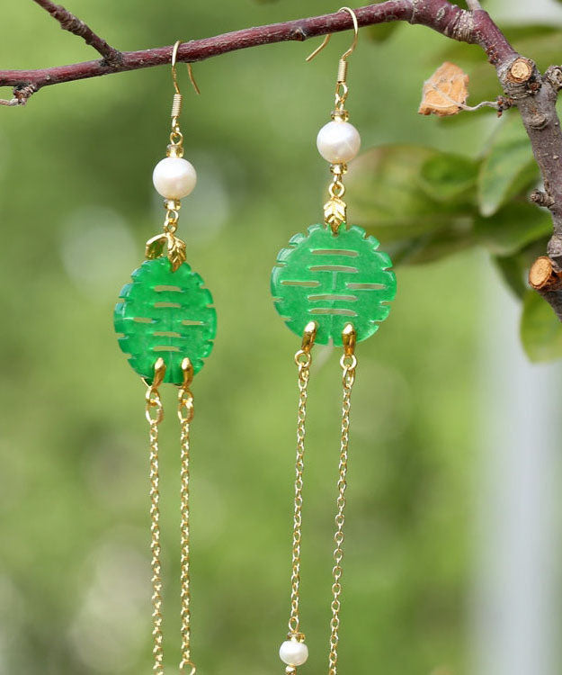 Art Green Sterling Silver Overgild Dry Green Pearl Jade Drop Earrings