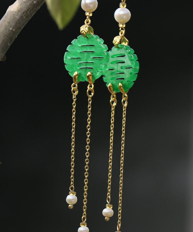 Art Green Sterling Silver Overgild Dry Green Pearl Jade Drop Earrings