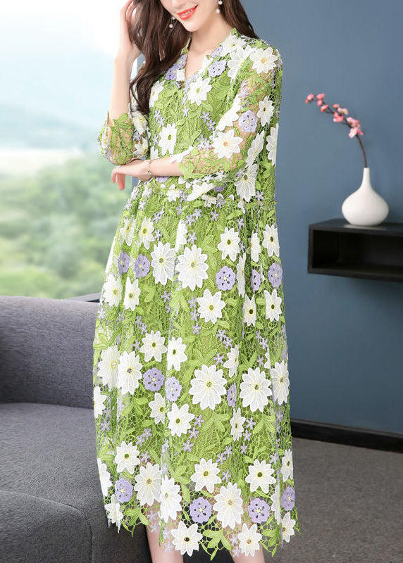 Art Green V Neck Floral Embroidered Lace Dress Half Sleeve