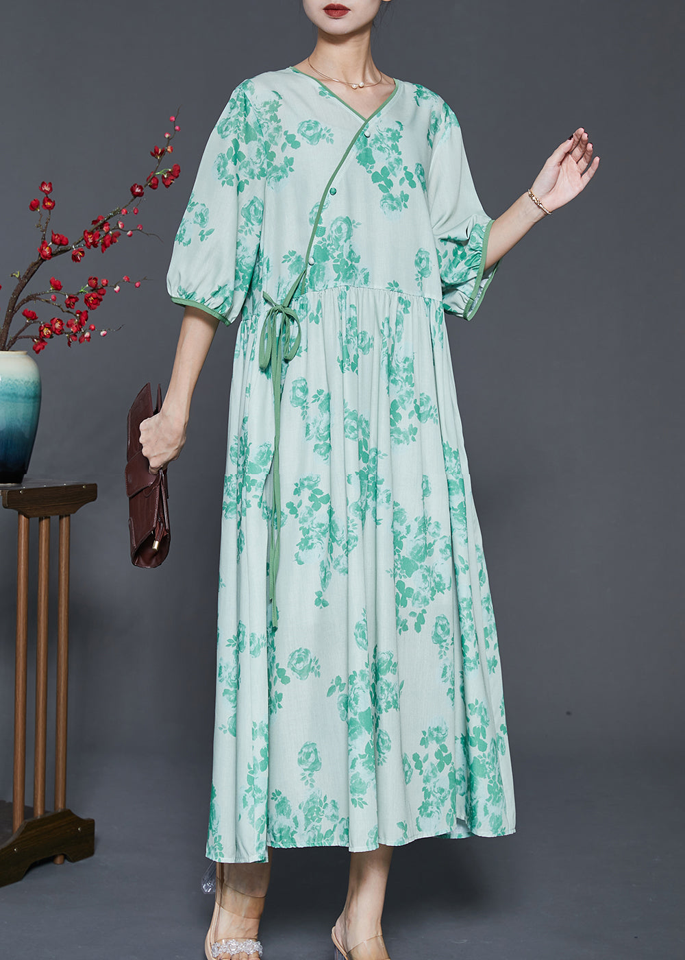 Art Green V Neck Print Linen Dress Spring