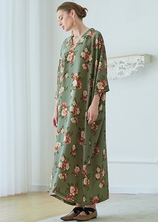 Art Green V Neck Print Pockets Chiffon Robe Dresses Summer