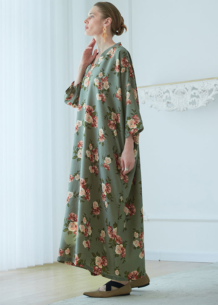 Art Green V Neck Print Pockets Chiffon Robe Dresses Summer