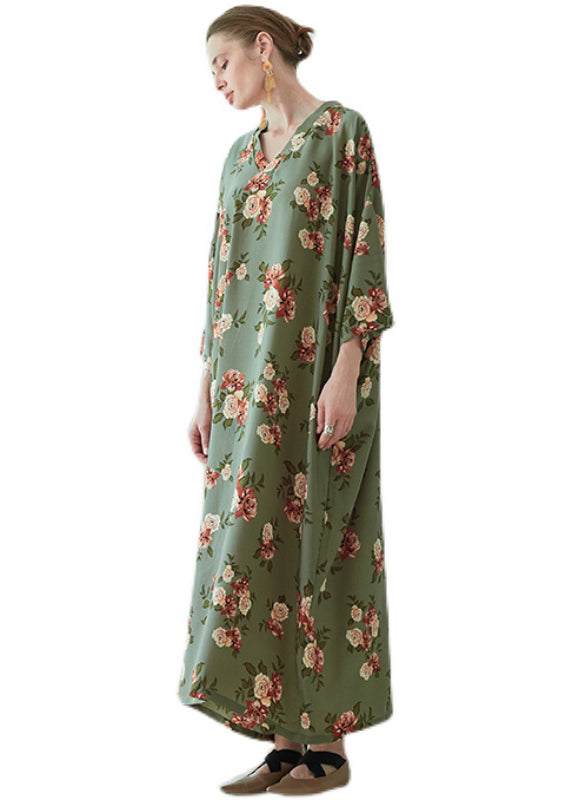 Art Green V Neck Print Pockets Chiffon Robe Dresses Summer