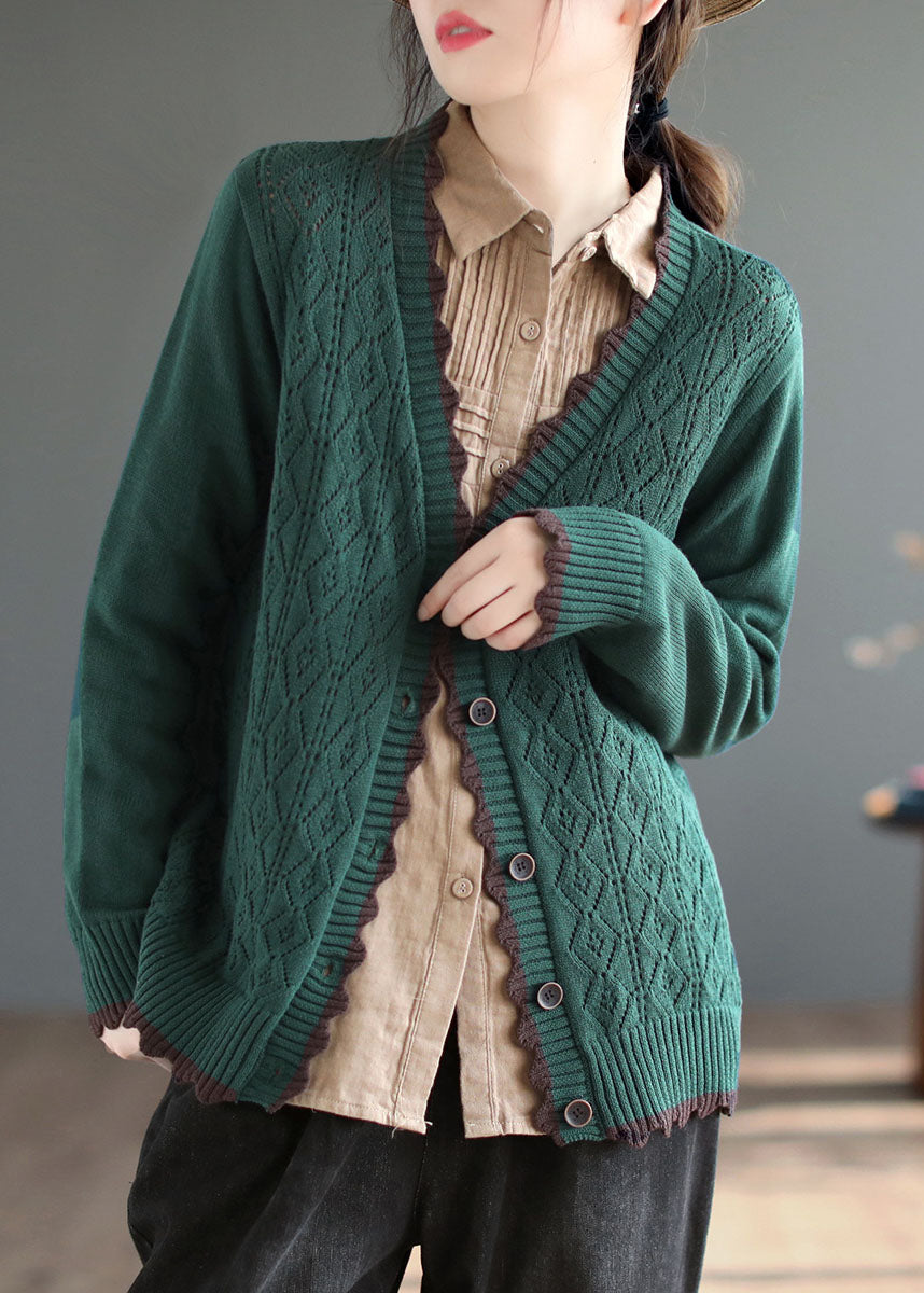 Art Green V Neck Single Breasted Knit Cardigan Winter