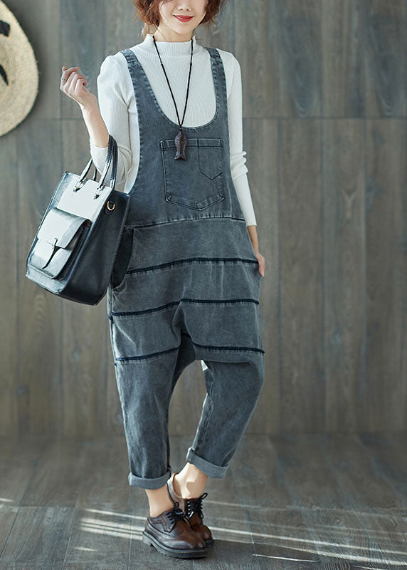 Art Grey Oversized Patchwork Cotton Denim Jumpsuit Spring